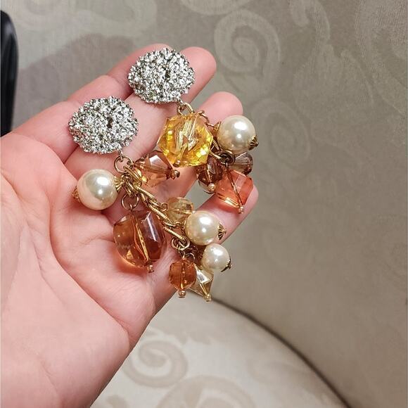 VINTAGE 70s STATEMENT CRYSTAL CLUSTER EARRINGS GOLD PEARL GLAM HOLLYWOOD - Picture 5 of 10